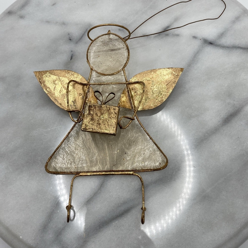 Vintage Gold Guardian Angel Christmas  Ornament Sun Catcher Glass Metal Heaven